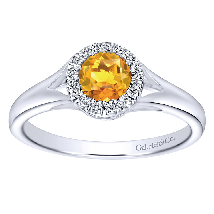 14K White Gold Round Halo Citrine and Diamond Ring