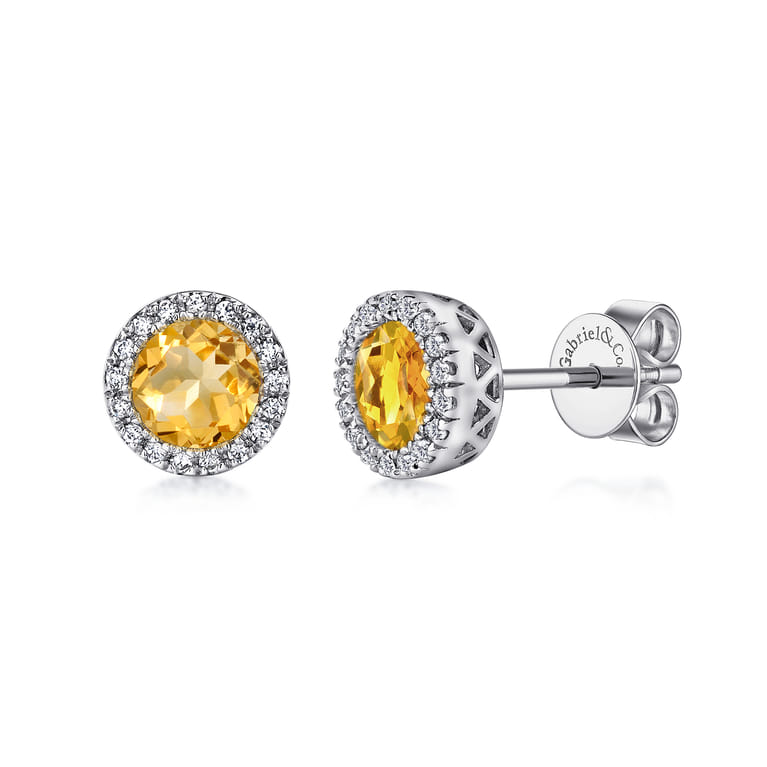 14K White Gold Round Halo Citrine and Diamond Stud Earrings - 0.1 ct - Shot 1