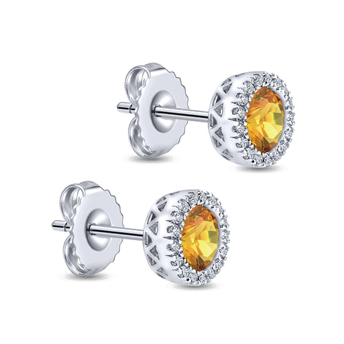 14K White Gold Round Halo Citrine and Diamond Stud Earrings - 0.1 ct - Shot 2