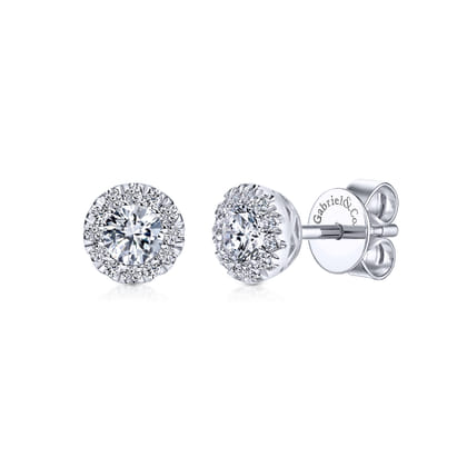 14K White Gold Round Halo Diamond Stud Earrings