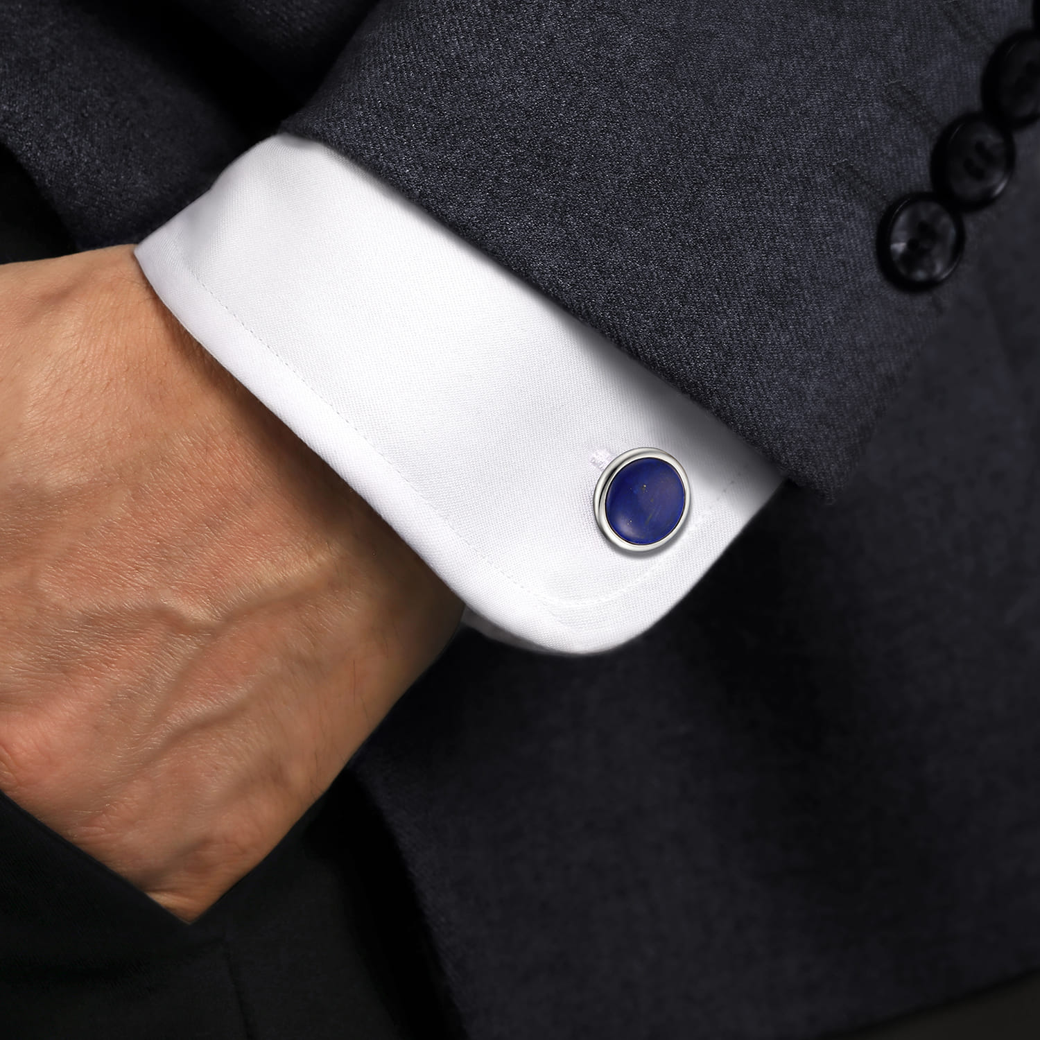 14K White Gold Round Lapis Cufflinks - Shot 2