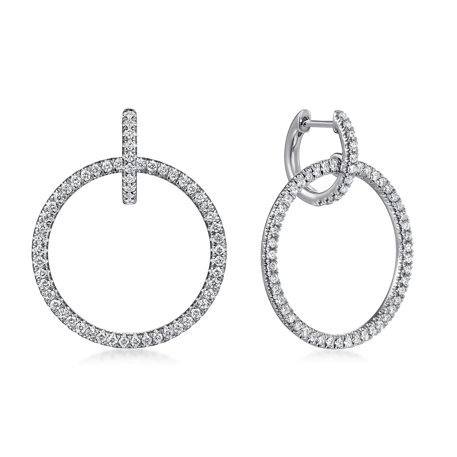 14K White Gold Round Linked Pave 30mm Diamond Huggie Drop Earrings - 0.9 ct - Shot 1