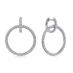14K White Gold Round Linked Pave 30mm Diamond Huggie Drop Earrings