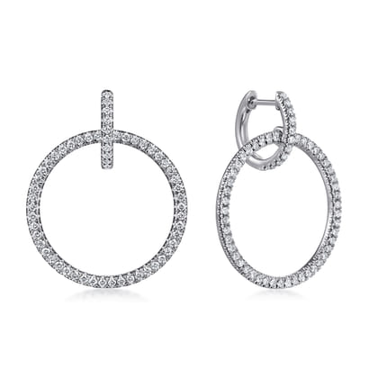 14K White Gold Round Linked Pave 30mm Diamond Huggie Drop Earrings