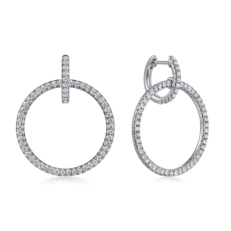 14K White Gold Round Linked Pave 30mm Diamond Huggie Drop Earrings - 0.9 ct - Shot 1