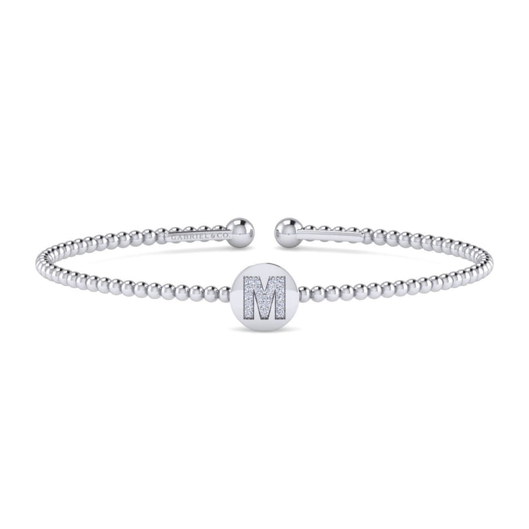 14K White Gold Round M Initial Diamond Bujukan Cuff Bracelet - 0.07 ct - Shot 1
