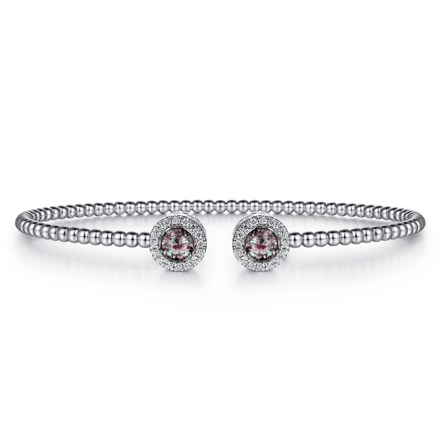 14K White Gold Round Manmade Alexandrite and Diamond Halo Bujukan Bangle - 0.16 ct - Shot 1