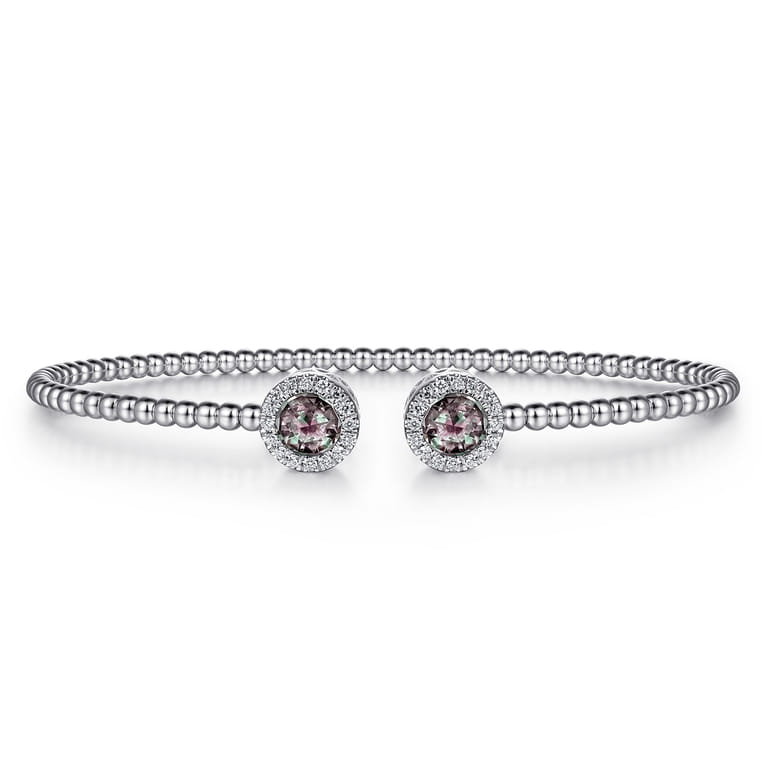 14K White Gold Round Manmade Alexandrite and Diamond Halo Bujukan Bangle - 0.16 ct - Shot 1