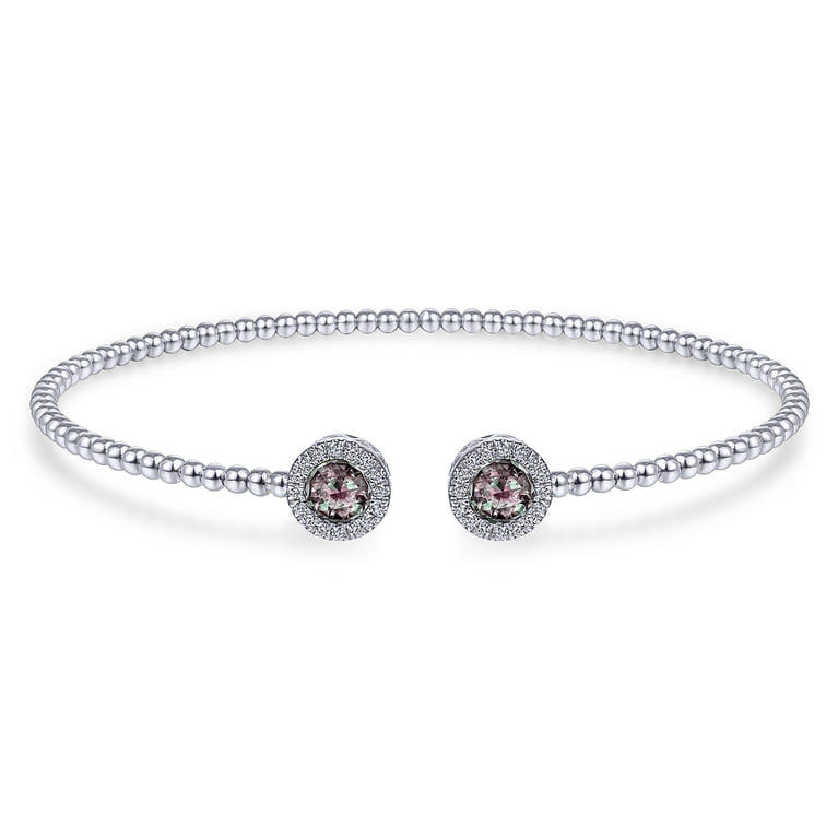 14K White Gold Round Manmade Alexandrite and Diamond Halo Bujukan Bangle - 0.16 ct - Shot 1