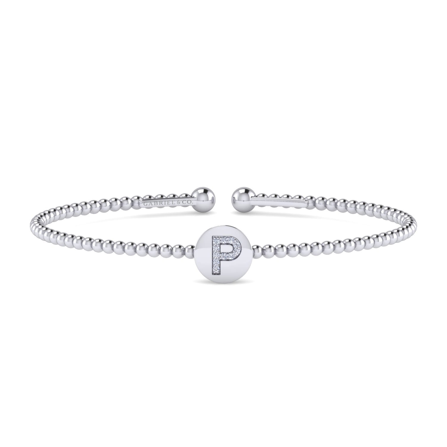 14K White Gold Round P Initial Diamond Bujukan Cuff Bracelet - 0.04 ct - Shot 1
