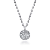 14K White Gold Round Pave Diamond Disc Pendant Necklace
