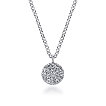 14K White Gold Round Pave Diamond Disc Pendant Necklace