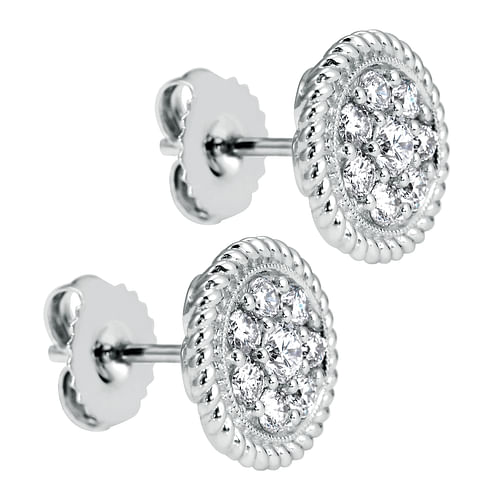 14K White Gold Round Pave Diamond Stud Earrings with Twisted Rope Frame - 0.75 ct - Shot 2