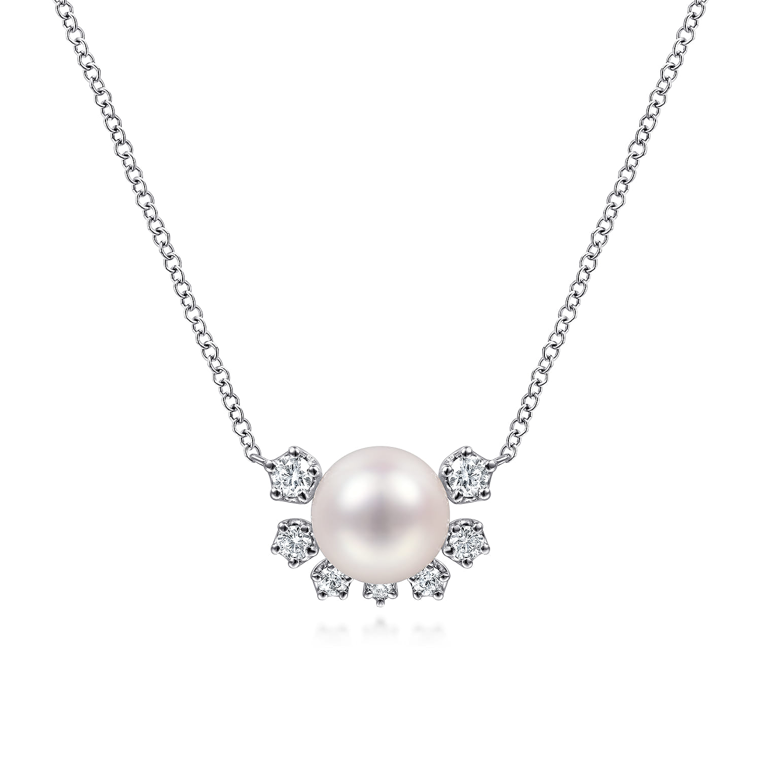 14K White Gold Round Pearl Pendant Necklace with Diamond Accents - 0.14 ct - Shot 1