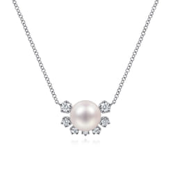 14K White Gold Round Pearl Pendant Necklace with Diamond Accents