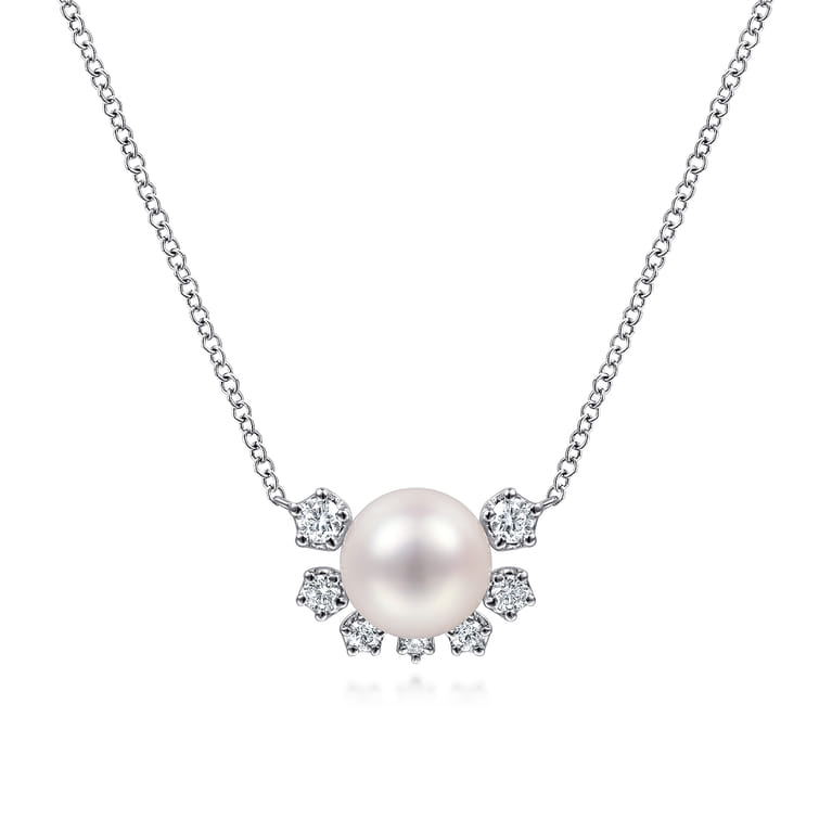14K White Gold Round Pearl Pendant Necklace with Diamond Accents - 0.14 ct - Shot 1
