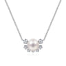 14K White Gold Round Pearl Pendant Necklace with Diamond Accents - 0.14 ct