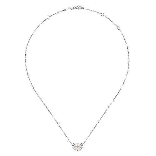 14K White Gold Round Pearl Pendant Necklace with Diamond Accents - 0.14 ct - Shot 2