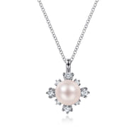 14K White Gold Round Pearl Pendant Necklace with Diamond Accents