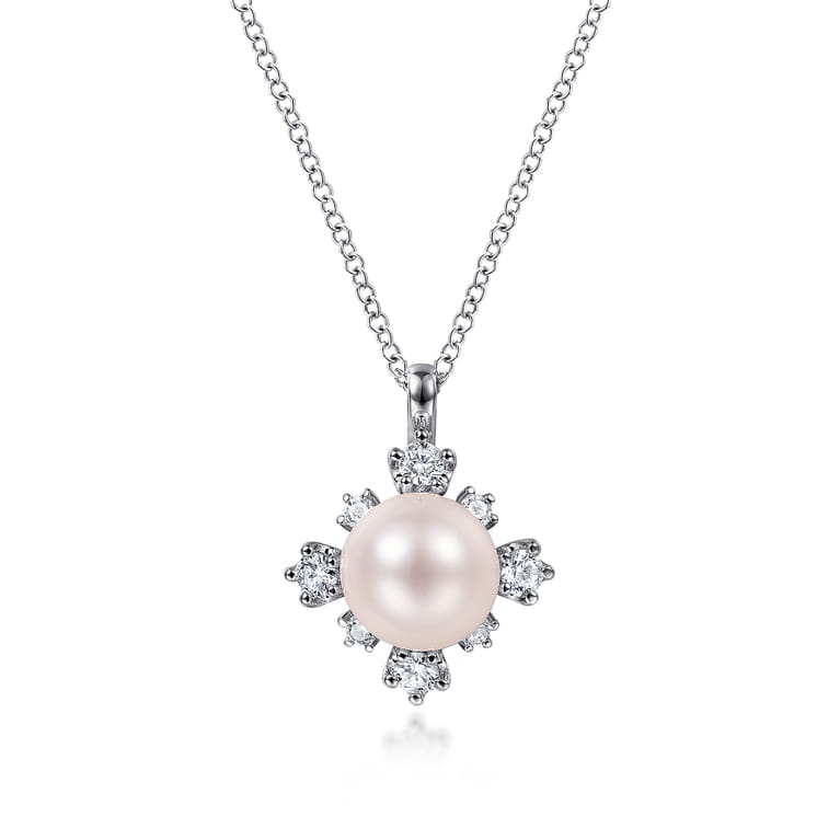 14K White Gold Round Pearl Pendant Necklace with Diamond Accents - 0.31 ct - Shot 1