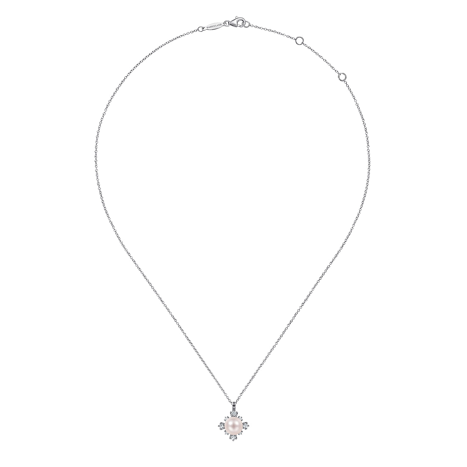 14K White Gold Round Pearl Pendant Necklace with Diamond Accents