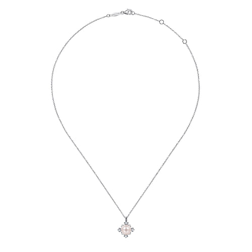 14K White Gold Round Pearl Pendant Necklace with Diamond Accents - 0.31 ct - Shot 2
