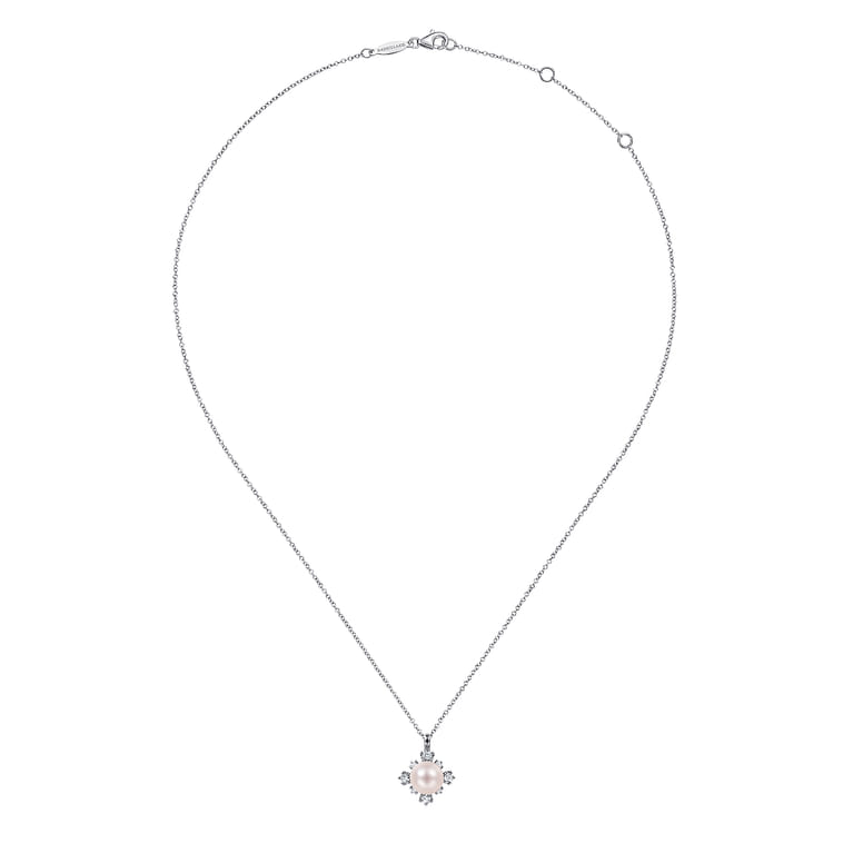 14K White Gold Round Pearl Pendant Necklace with Diamond Accents - 0.31 ct - Shot 2