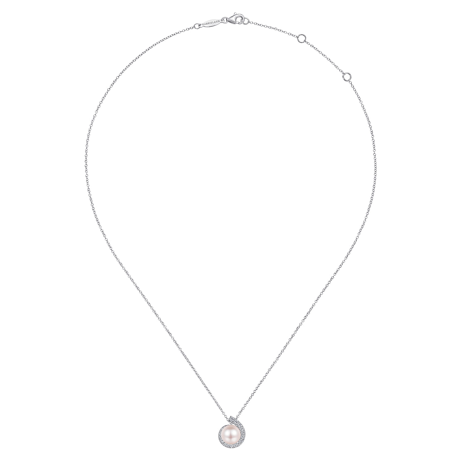 14K White Gold Round Pearl Pendant Necklace with Diamond Halo Swirl - 0.3 ct - Shot 2