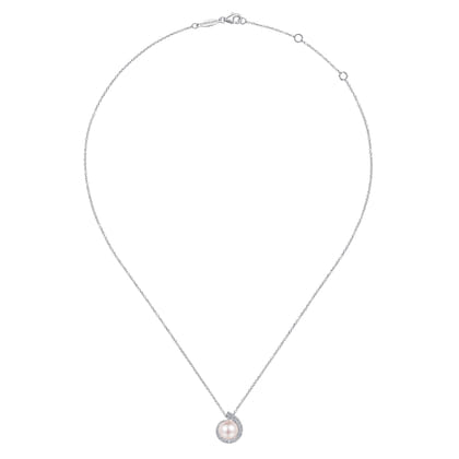 14K White Gold Round Pearl Pendant Necklace with Diamond Halo Swirl
