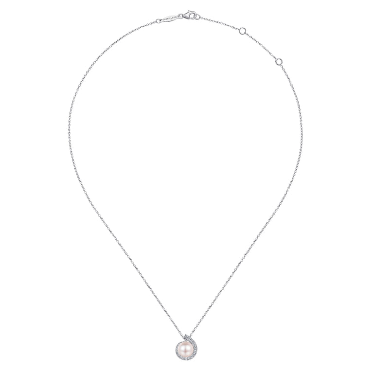 14K White Gold Round Pearl Pendant Necklace with Diamond Halo Swirl - 0.3 ct - Shot 2