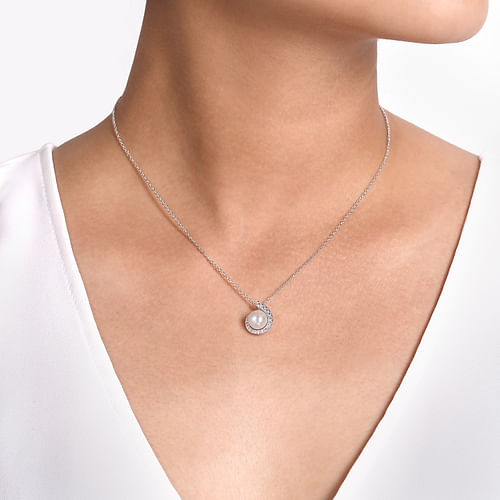 14K White Gold Round Pearl Pendant Necklace with Diamond Halo Swirl - 0.3 ct - Shot 3