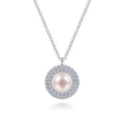 14K White Gold Round Pearl and Diamond Halo Pendant Necklace