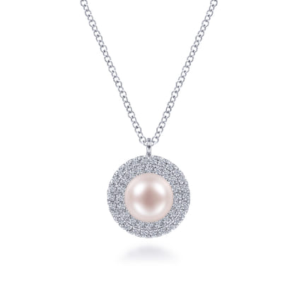 14K White Gold Round Pearl and Diamond Halo Pendant Necklace