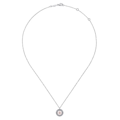14K White Gold Round Pearl and Diamond Halo Pendant Necklace