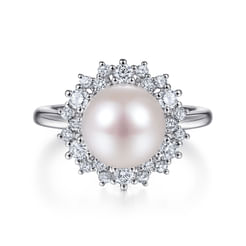 14K White Gold Round Pearl and Diamond Halo Ring