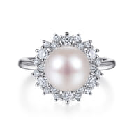 14K White Gold Round Pearl and Diamond Halo Ring