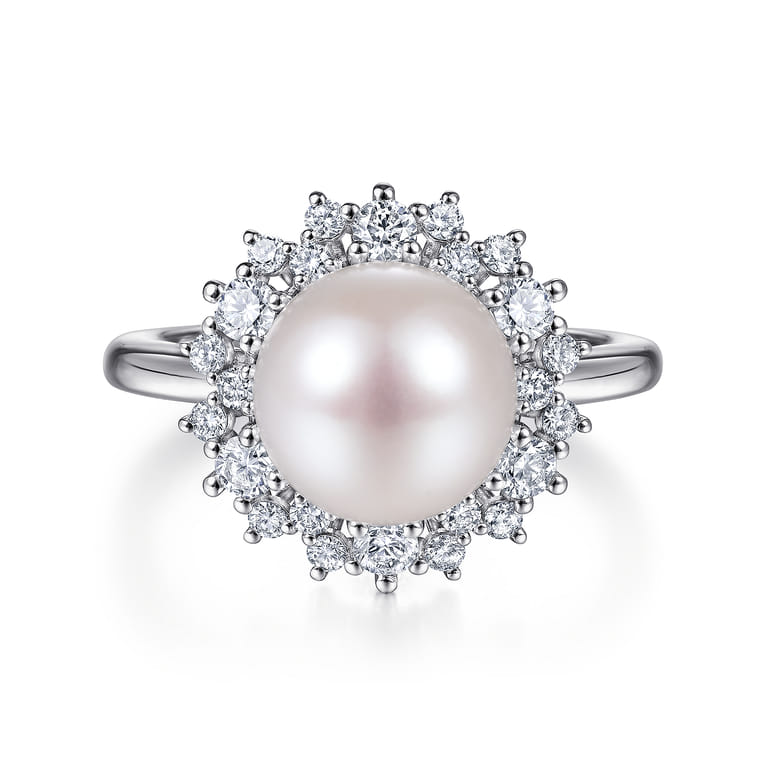 14K White Gold Round Pearl and Diamond Halo Ring - 0.5 ct - Shot 1