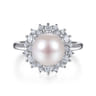 14K White Gold Round Pearl and Diamond Halo Ring - 0.5 ct