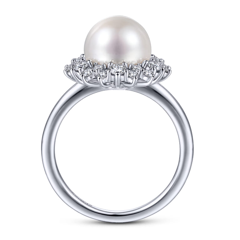 14K White Gold Round Pearl and Diamond Halo Ring - 0.5 ct - Shot 2