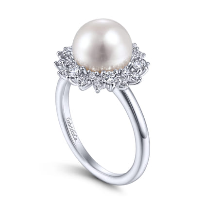 14K White Gold Round Pearl and Diamond Halo Ring