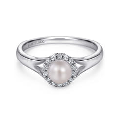 14K White Gold Round Pearl and Diamond Halo Ring