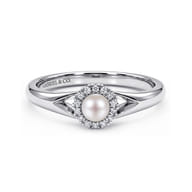 14K White Gold Round Pearl and Diamond Halo Ring