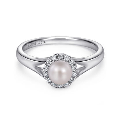 14K White Gold Round Pearl and Diamond Halo Ring