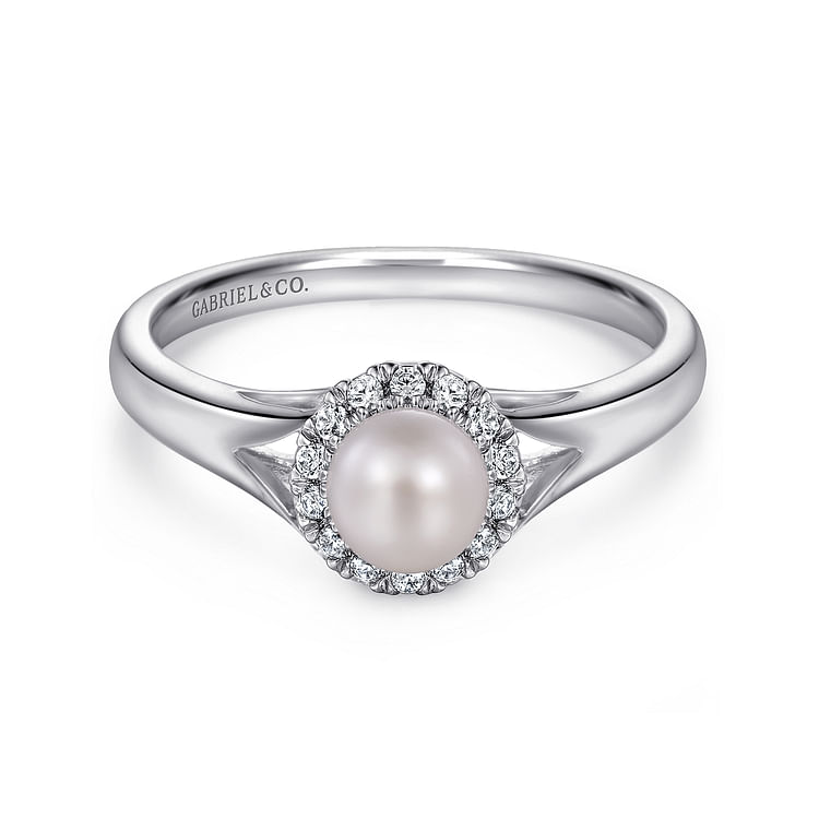 14K White Gold Round Pearl and Diamond Halo Ring