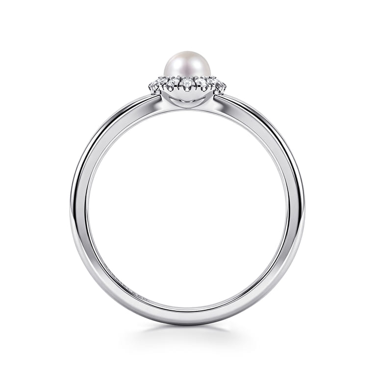 14K White Gold Round Pearl and Diamond Halo Ring - 0.07 ct - Shot 2