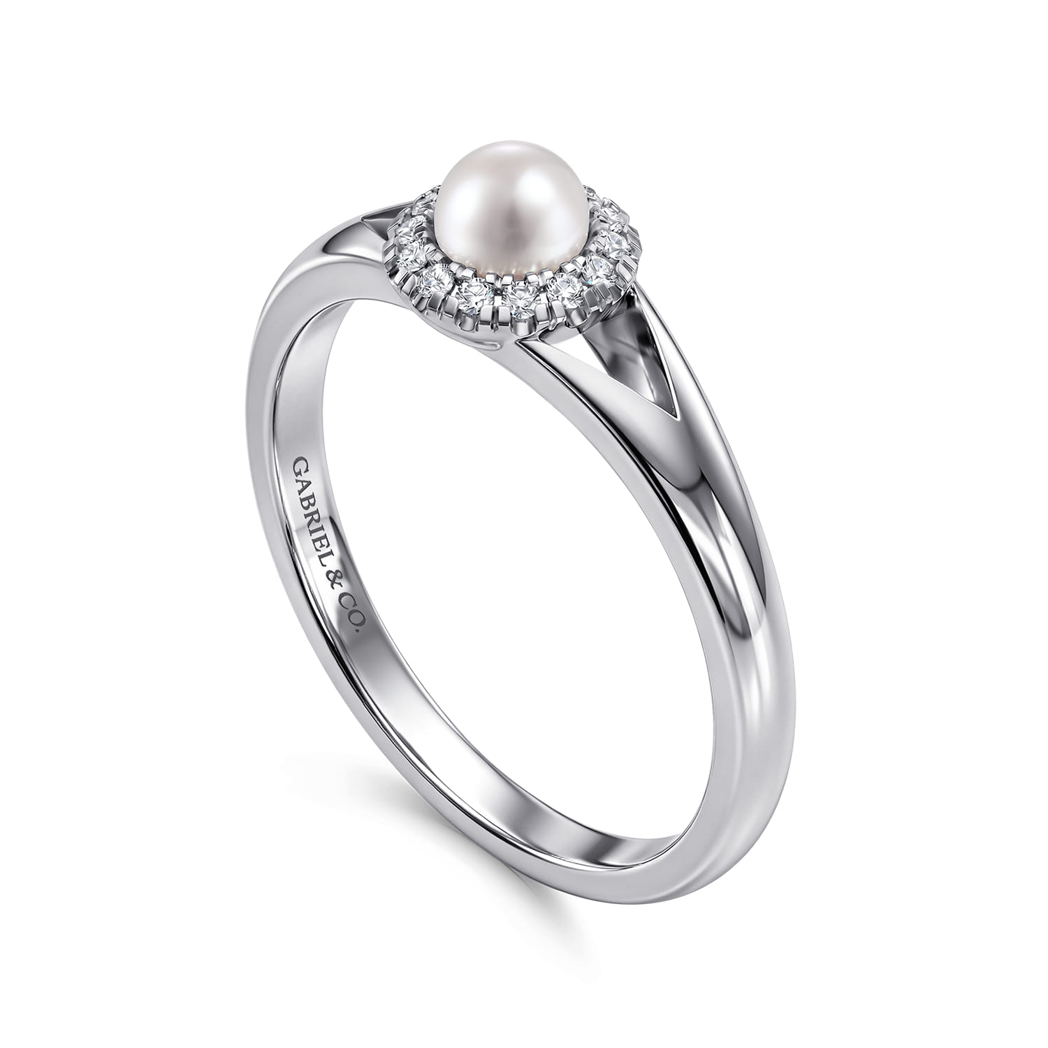 14K White Gold Round Pearl and Diamond Halo Ring - 0.07 ct - Shot 3