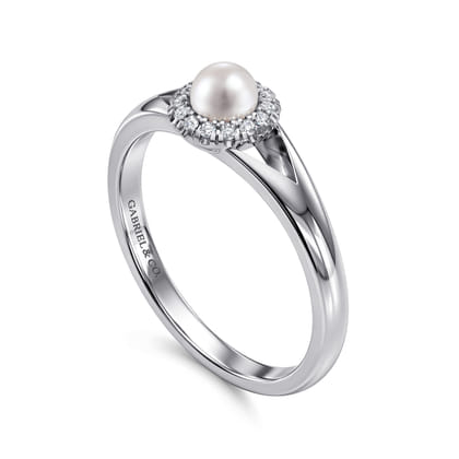 14K White Gold Round Pearl and Diamond Halo Ring