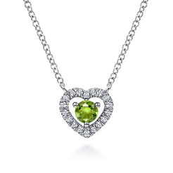 14K White Gold Round Peridot and Diamond Heart Pendant Necklace