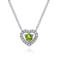 14K White Gold Round Peridot and Diamond Heart Pendant Necklace