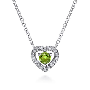 14K White Gold Round Peridot and Diamond Heart Pendant Necklace